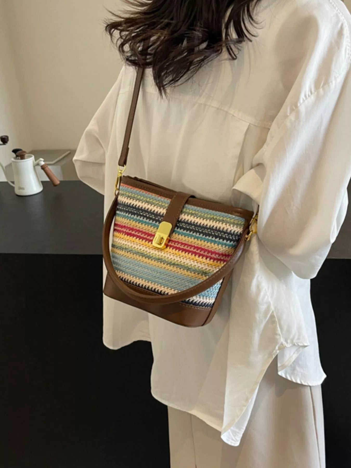 Striped Bucket Crossbody Bag for Women