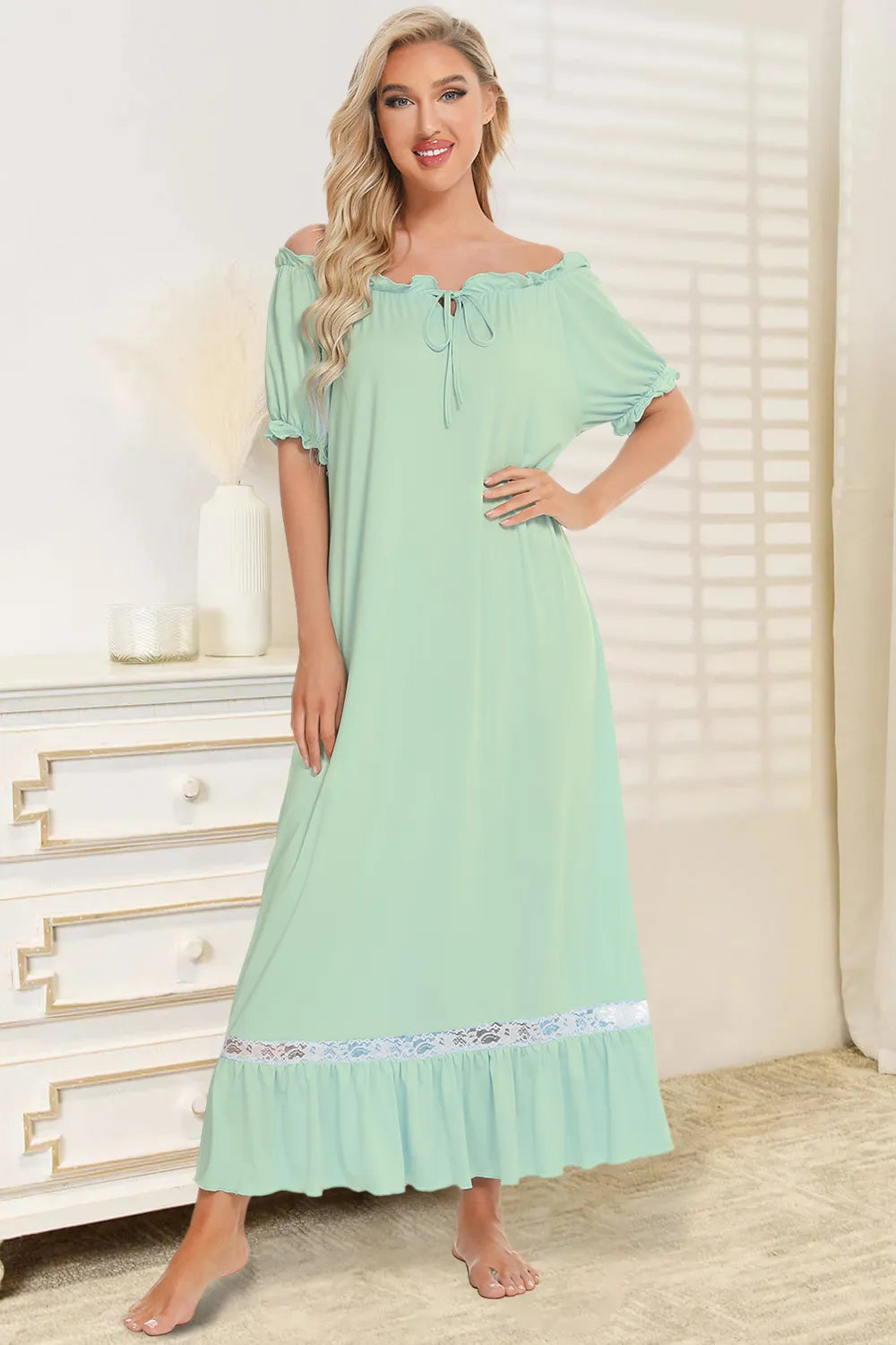Lace Detail Short Sleeve Lounge Dress in Light Green for Women