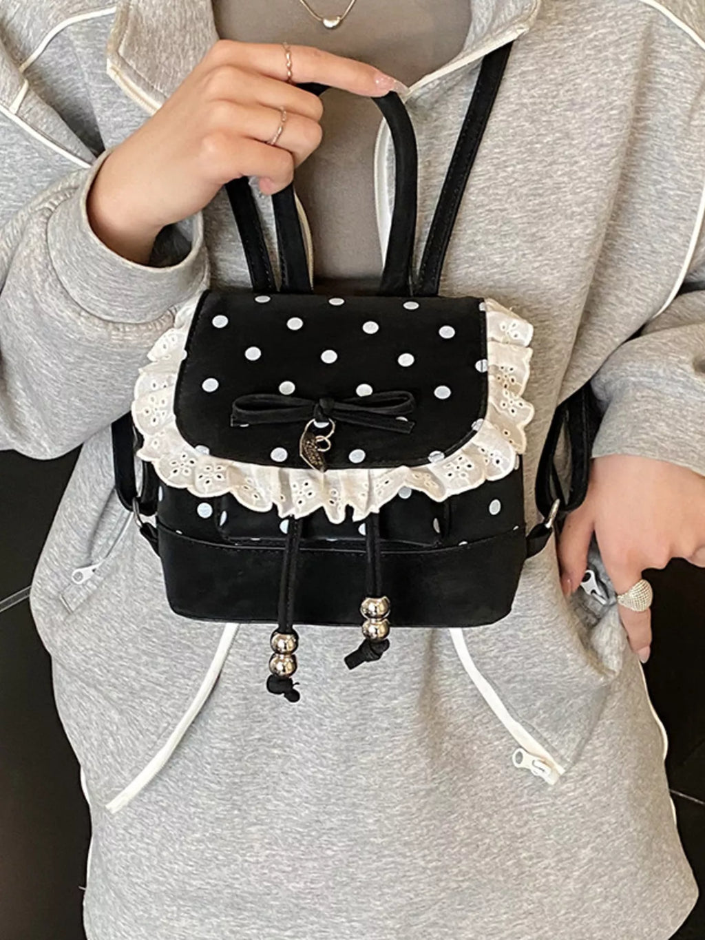 Polka Dot Lace Trim Backpack Bag in Black for Women
