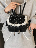 Polka Dot Lace Trim Backpack Bag in Black for Women