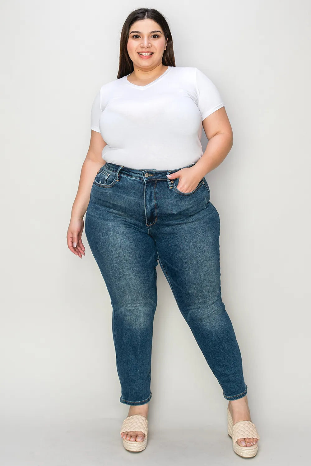 Plus Size Tummy Control High Waist Slim Jeans in Dark for Women