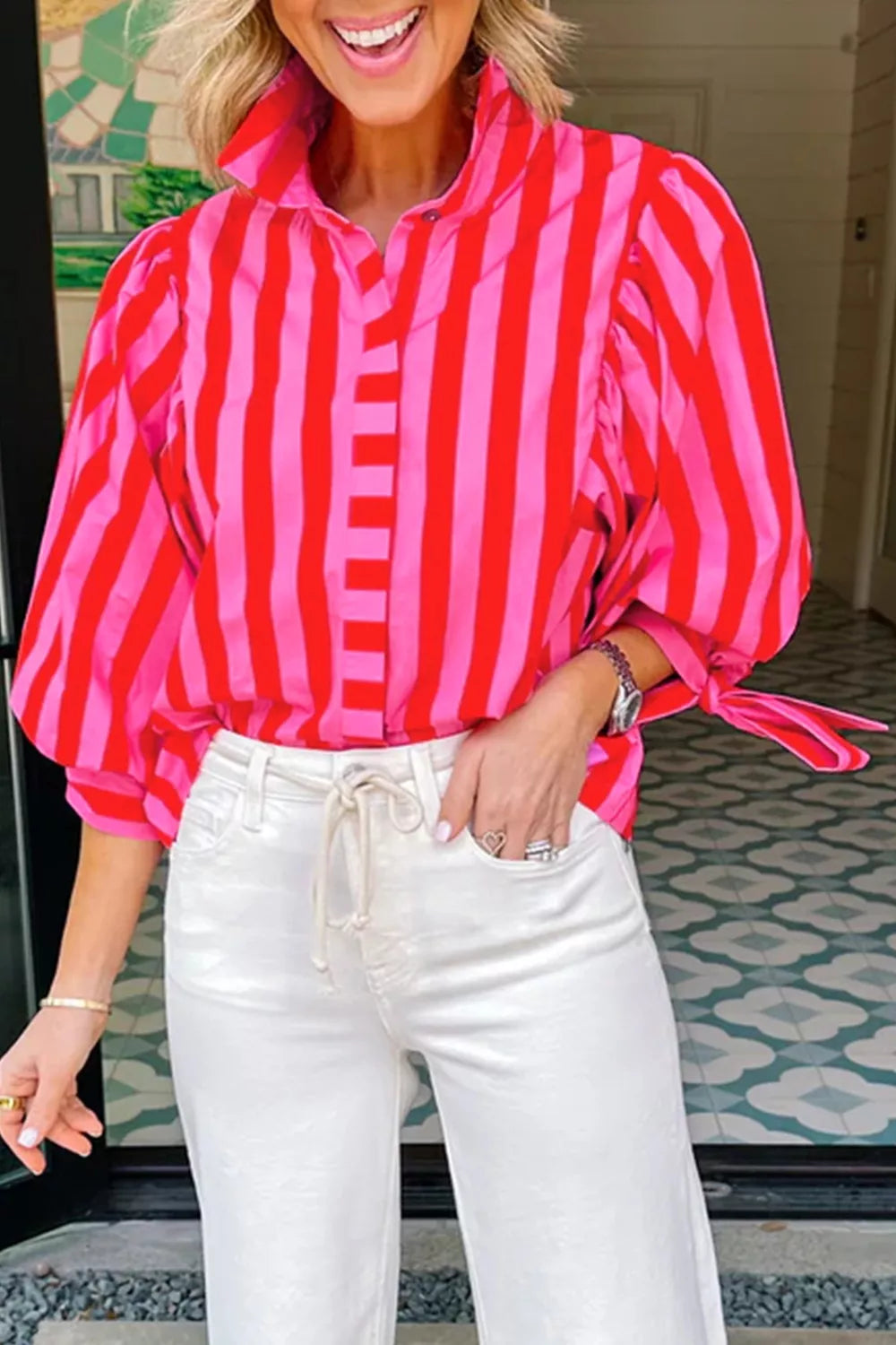 Stripe Puff Sleeve Blouse in Deep Rose for Women