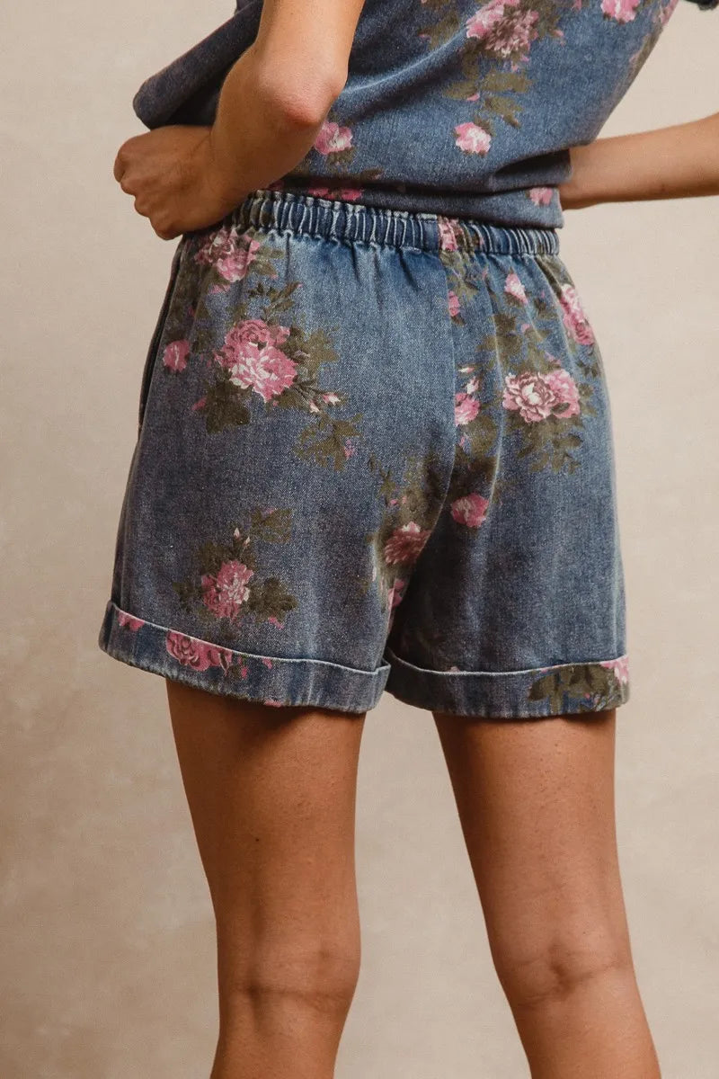 Floral Printed Denim Short Pants with Pocket for Women