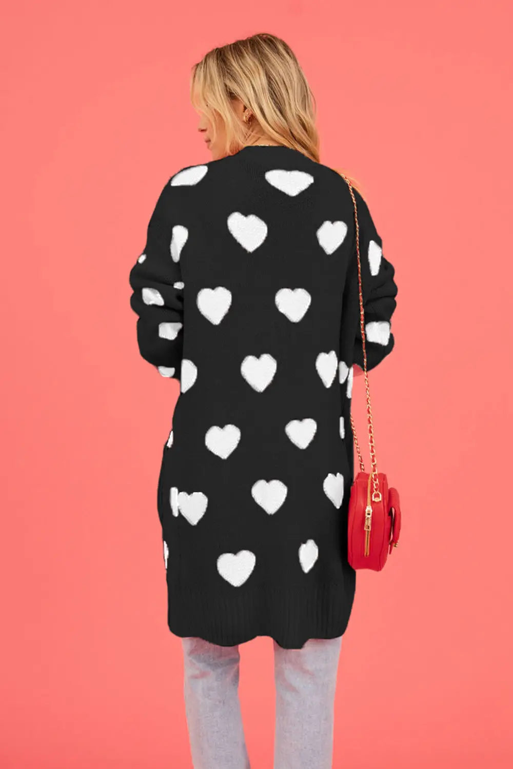 Heart Graphic Open Front Cardigan with Pockets in Blush Pink for Women