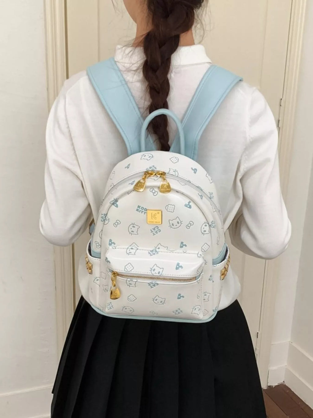 Cartoon Pattern Backpack Bag with Bear Pendant for Women