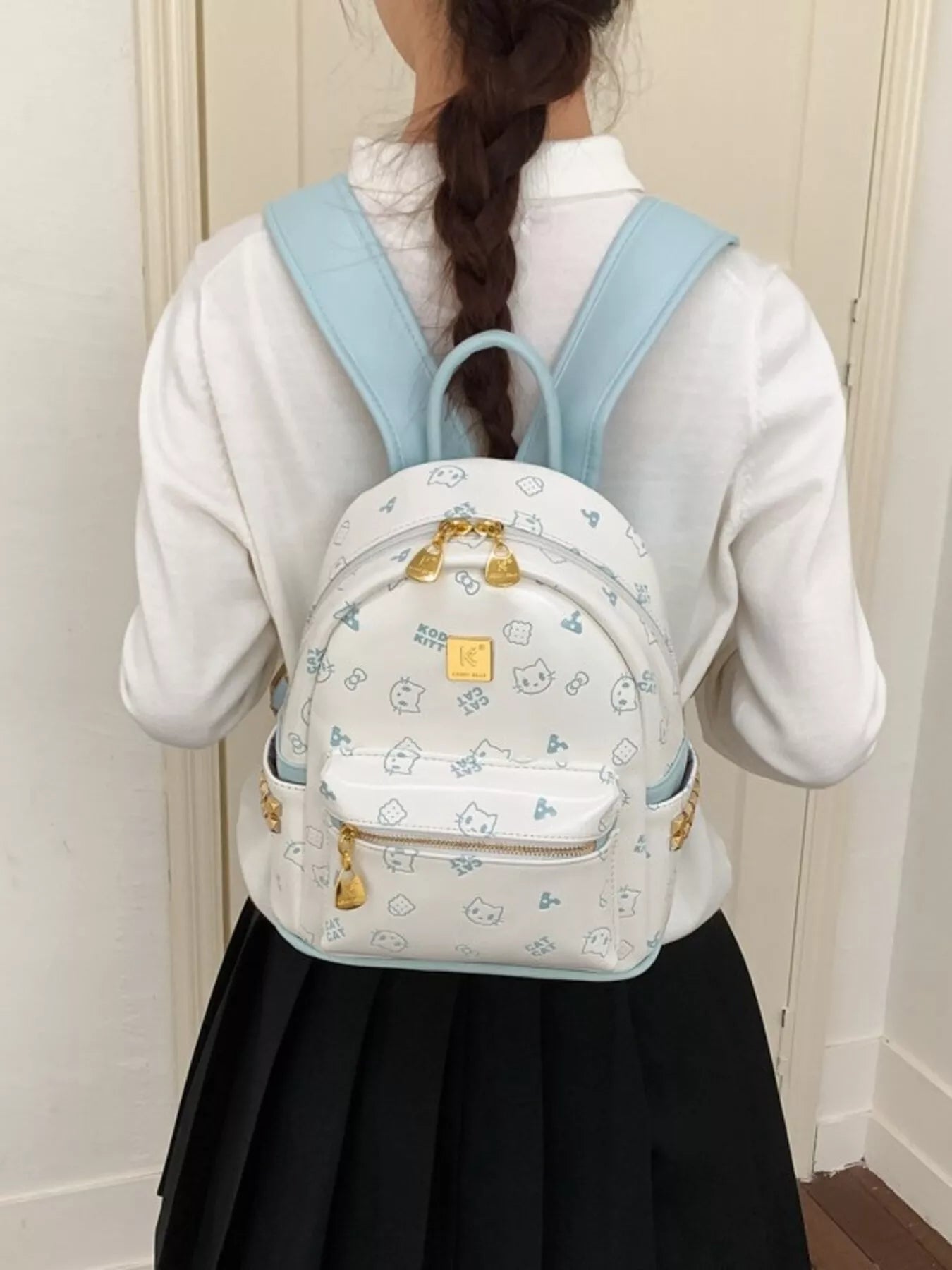 Cartoon Pattern Backpack Bag with Bear Pendant for Women