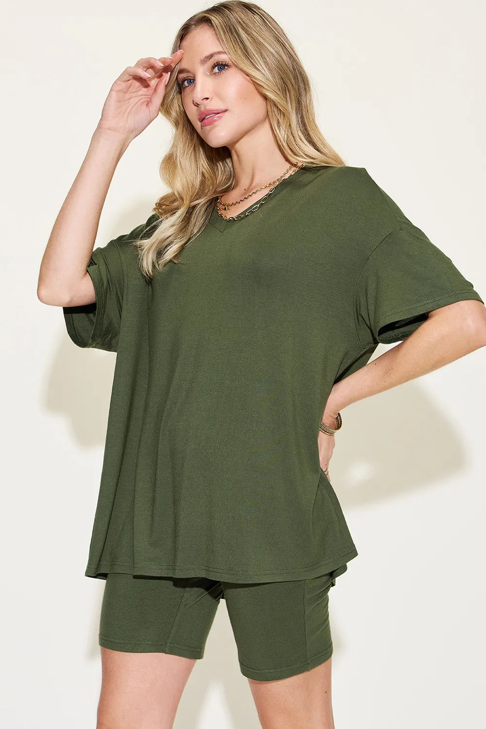 Plus Size V-Neck Drop Shoulder T-Shirt and Shorts Set in Matcha Green for Women