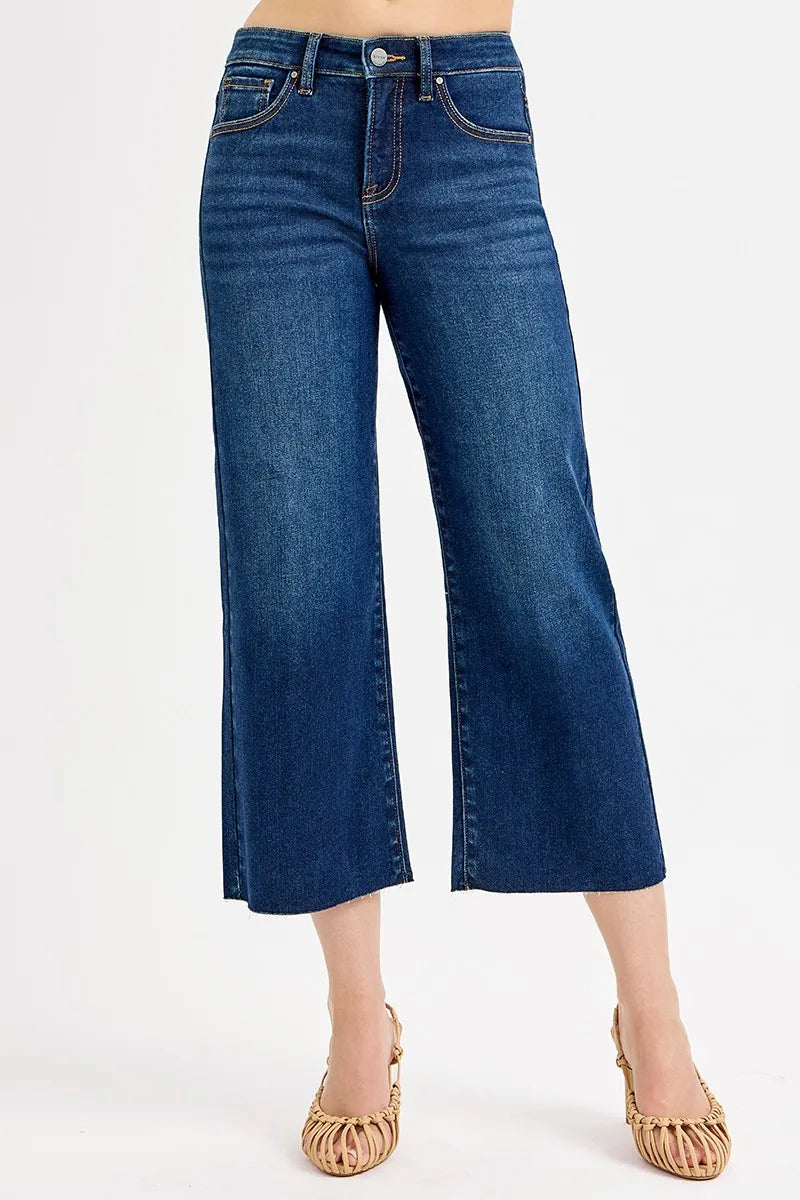 Tummy Control High Rise Crop Wide Jeans Plus Size in Dark for Women