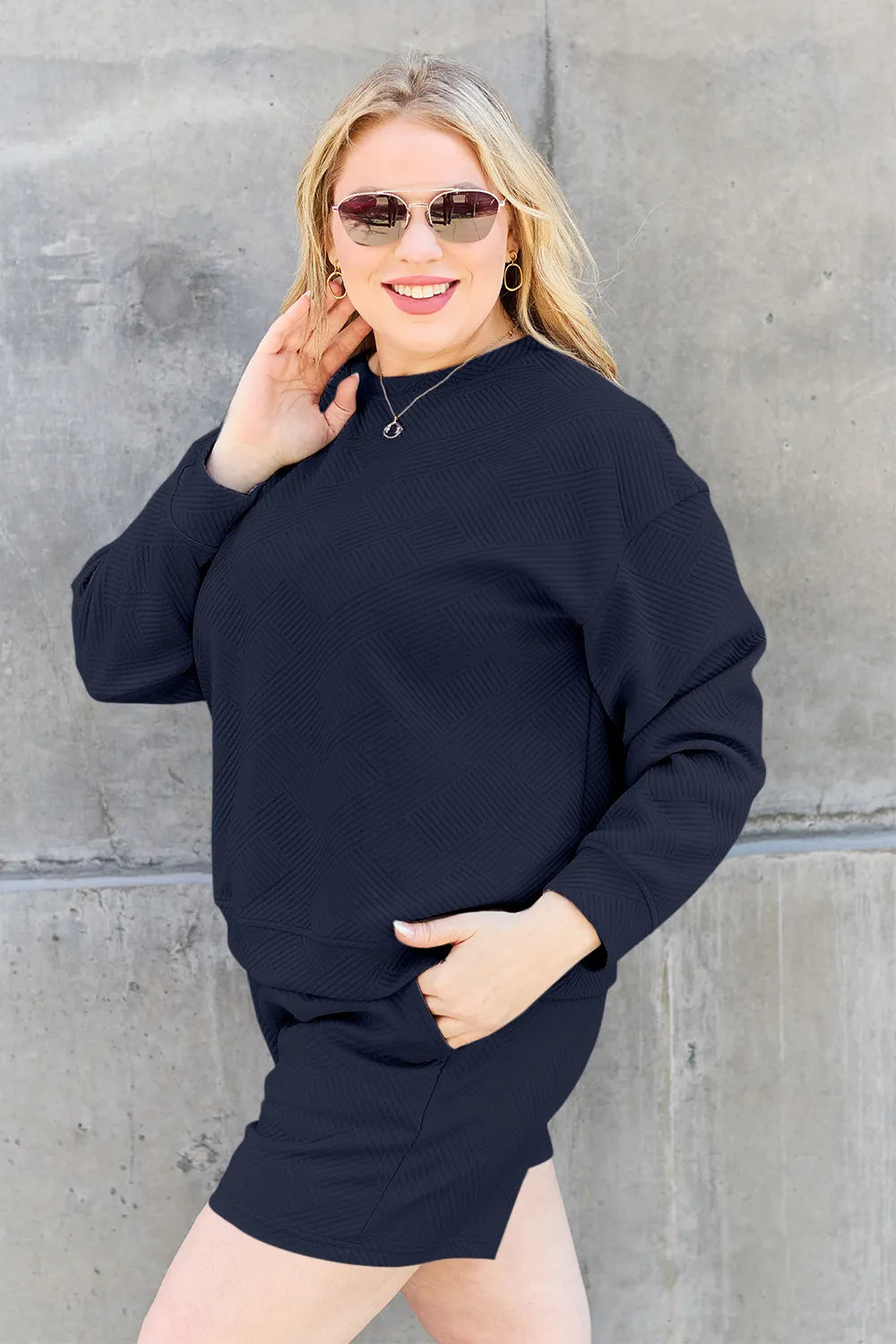 Plus Size Texture Long Sleeve Top and Drawstring Shorts Set in Navy for Women