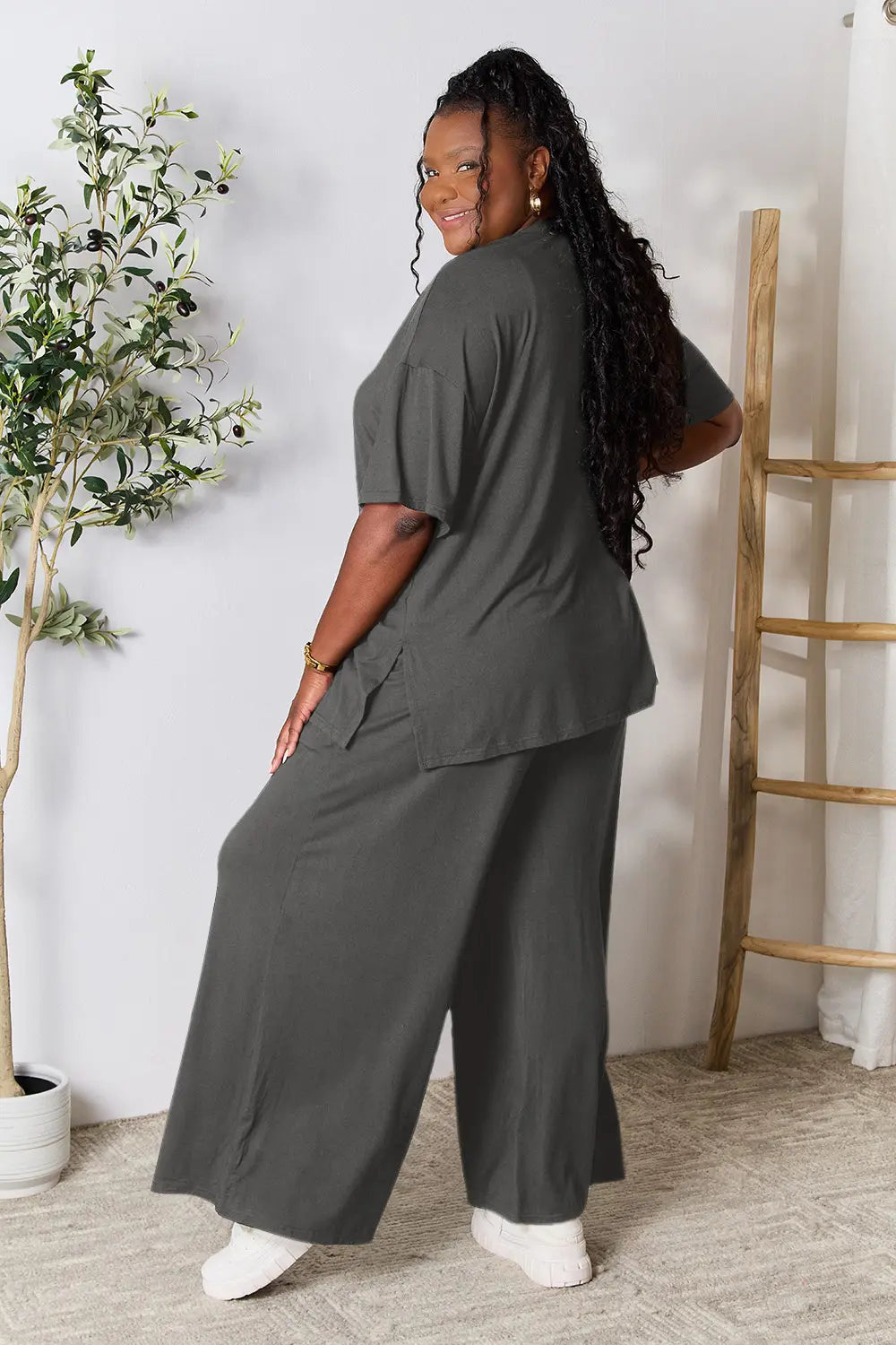 Plus Size Round Neck Slit Top and Pants Set in Dark Gray for Women