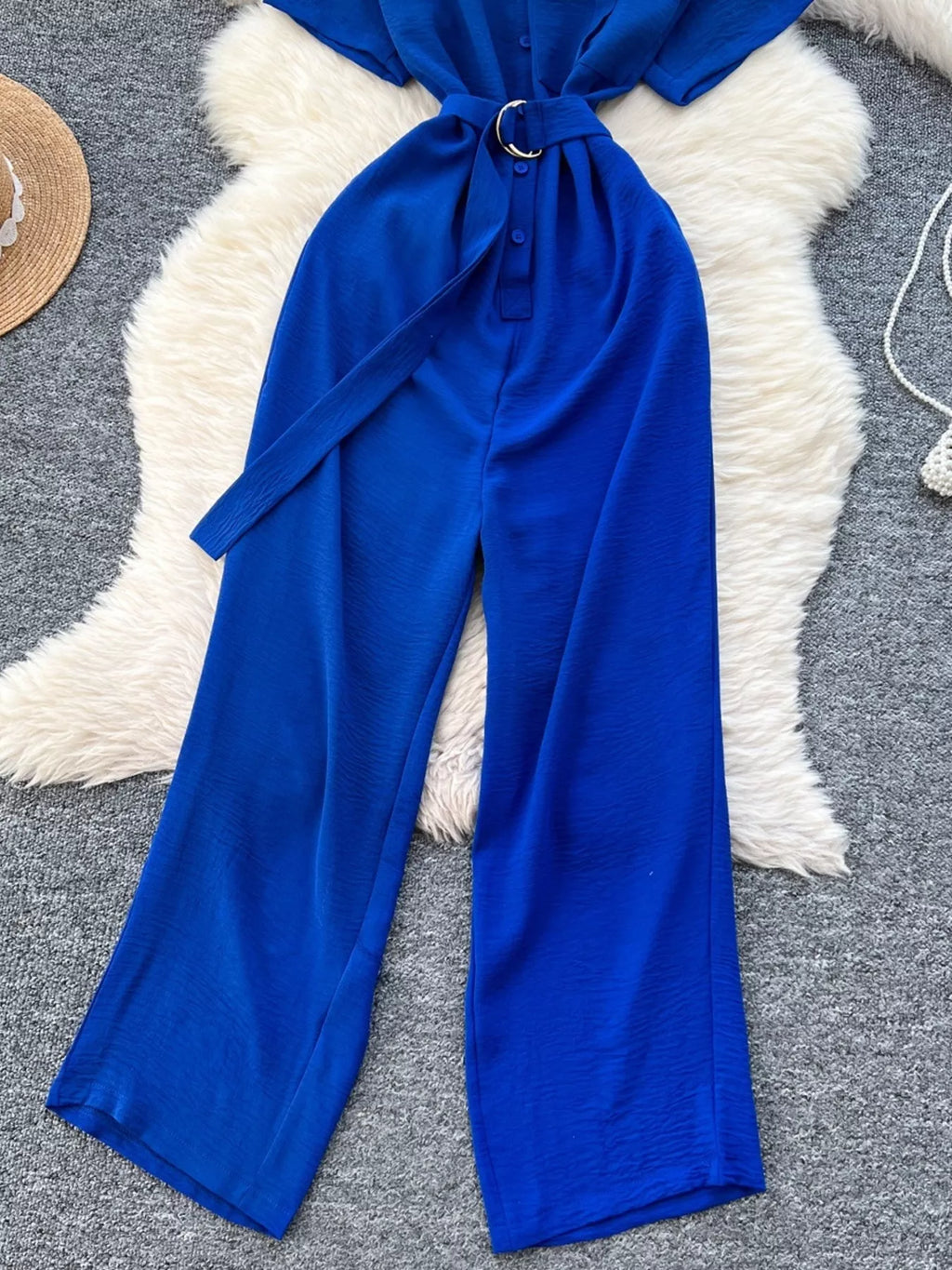 Red Button Front Wide Leg Jumpsuit for Women