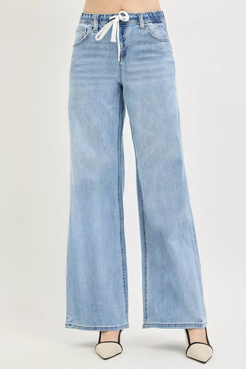 Elastic Band Slouchy Wide Jeans with Drawstring in Light for Women