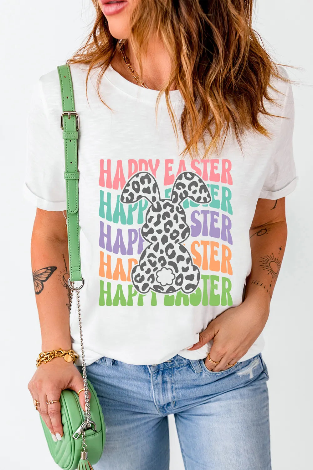 Happy Easter Round Neck Short Sleeve T-Shirt in White for Women