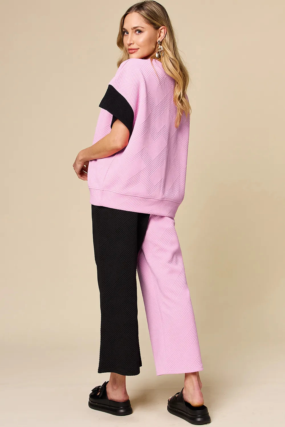 Plus Size Texture Contrast T-Shirt and Wide Leg Pants Set in Royal Blue for Women