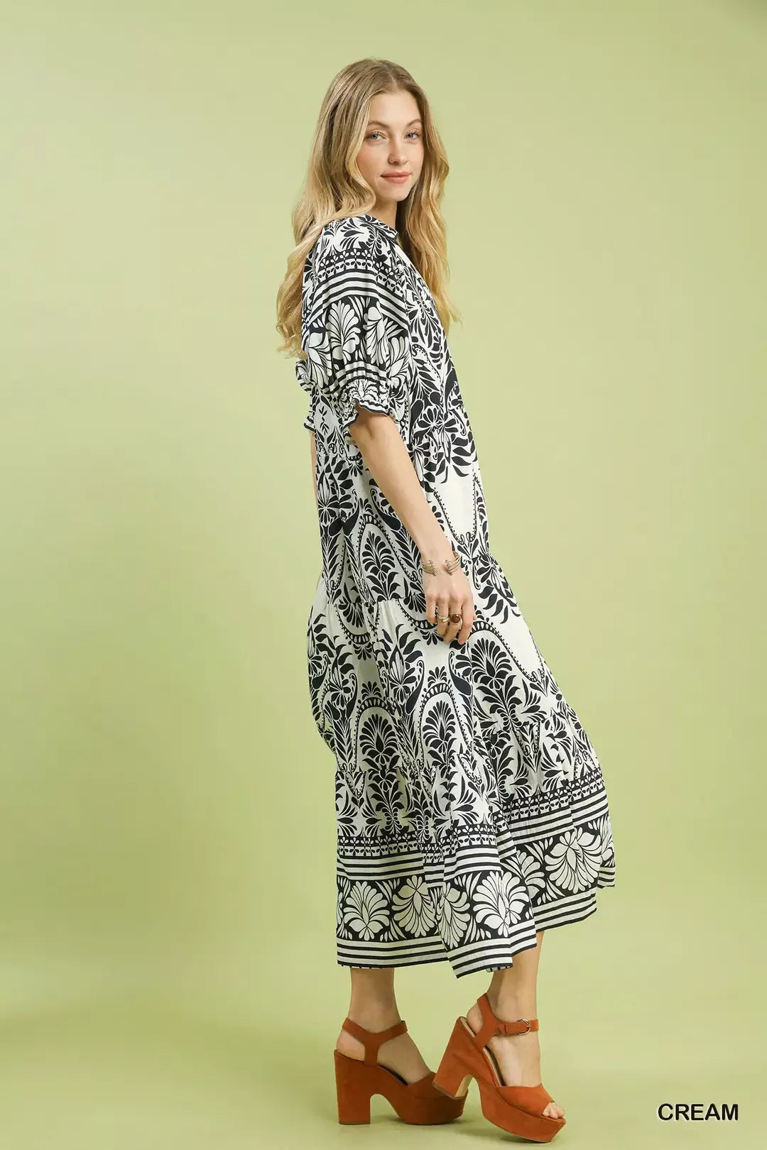 Two Tone Border Print Midi Dress in Cream for Women