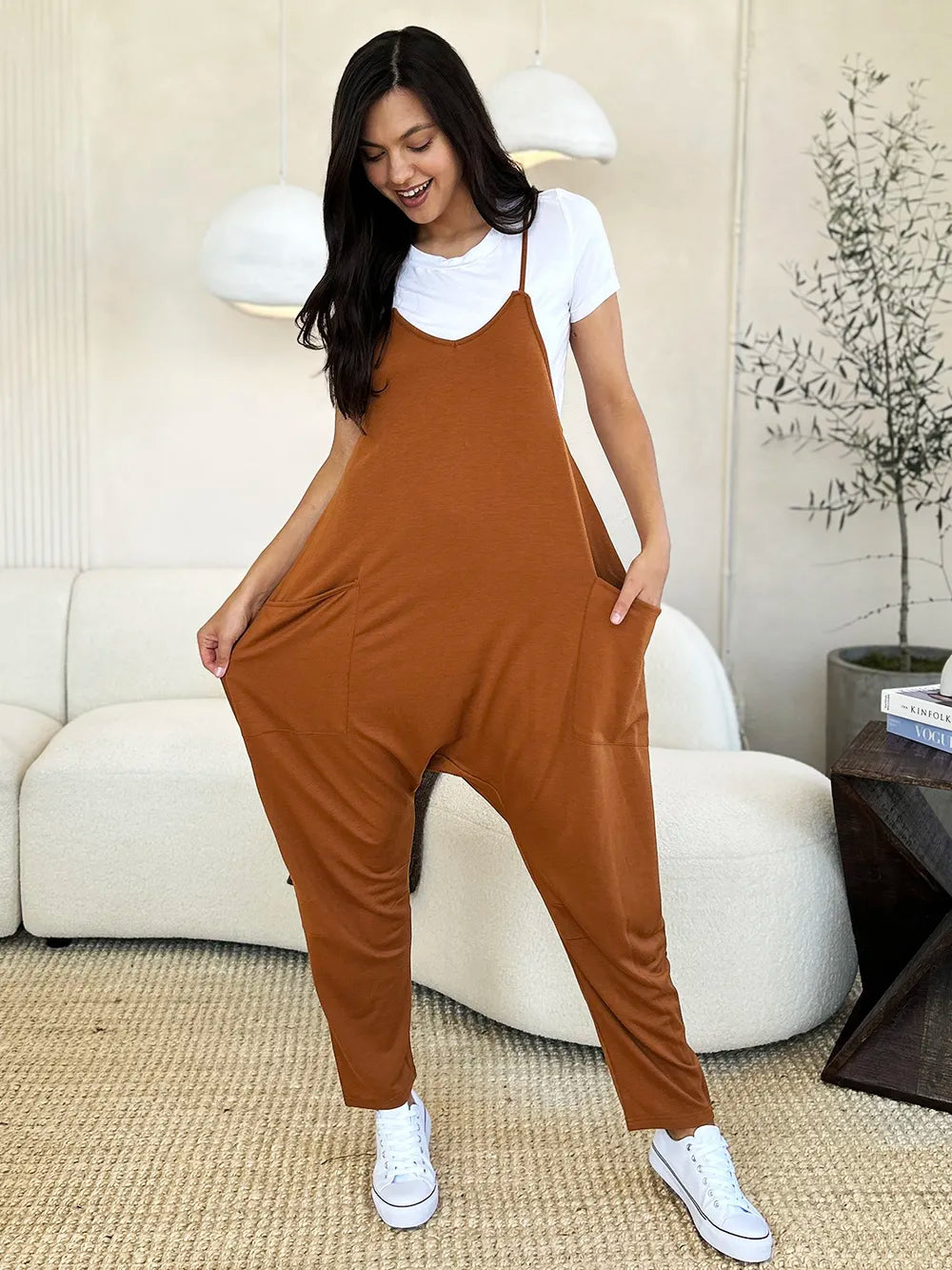 Plus Size Sleeveless V-Neck Pocketed Jumpsuit in Caramel for Women