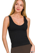 Ribbed Seamless Bra Padded V-Neck Tank Top in Black for Women