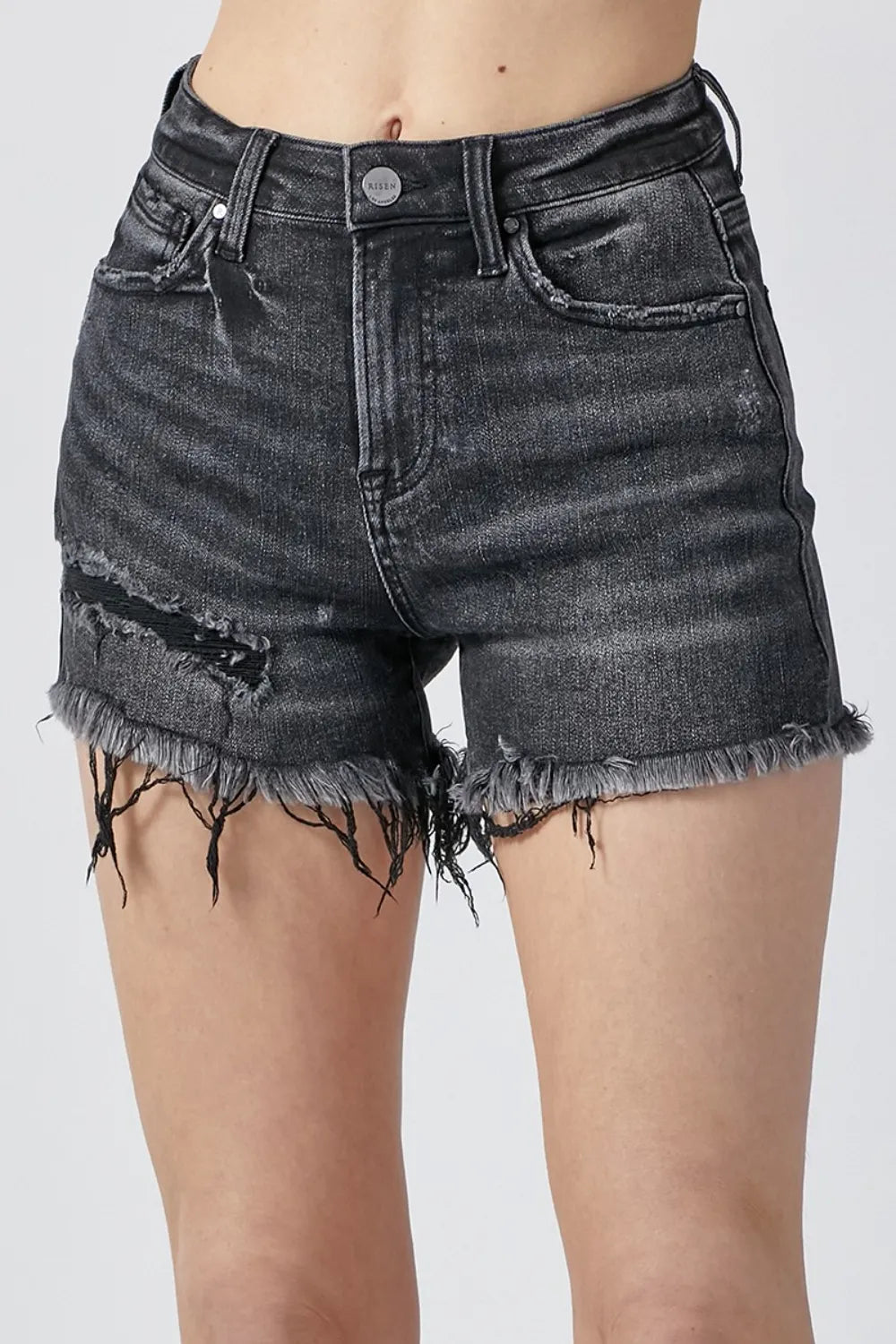 Raw Hem Denim Shorts with Pockets in Black for Women