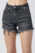 Raw Hem Denim Shorts with Pockets in Black for Women