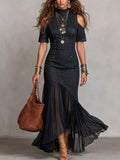 Mock Neck Cold Shoulder Ruffle Hem Maxi Dress in Dark Blue for Women