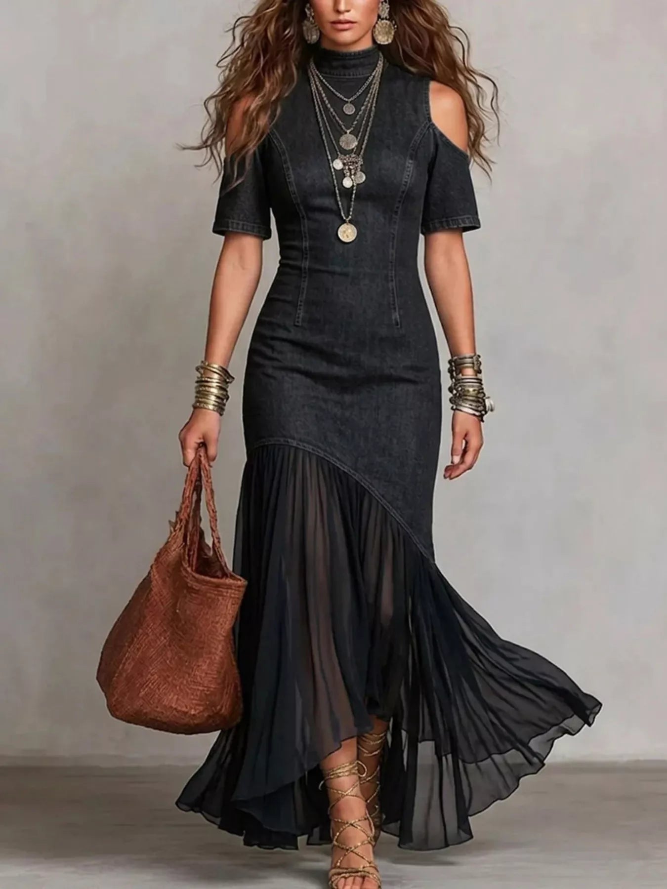 Mock Neck Cold Shoulder Ruffle Hem Maxi Dress in Dark Blue for Women