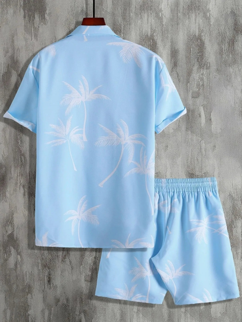 Palm Print Button Up Shirt and Shorts Set Plus Size in Black for Men
