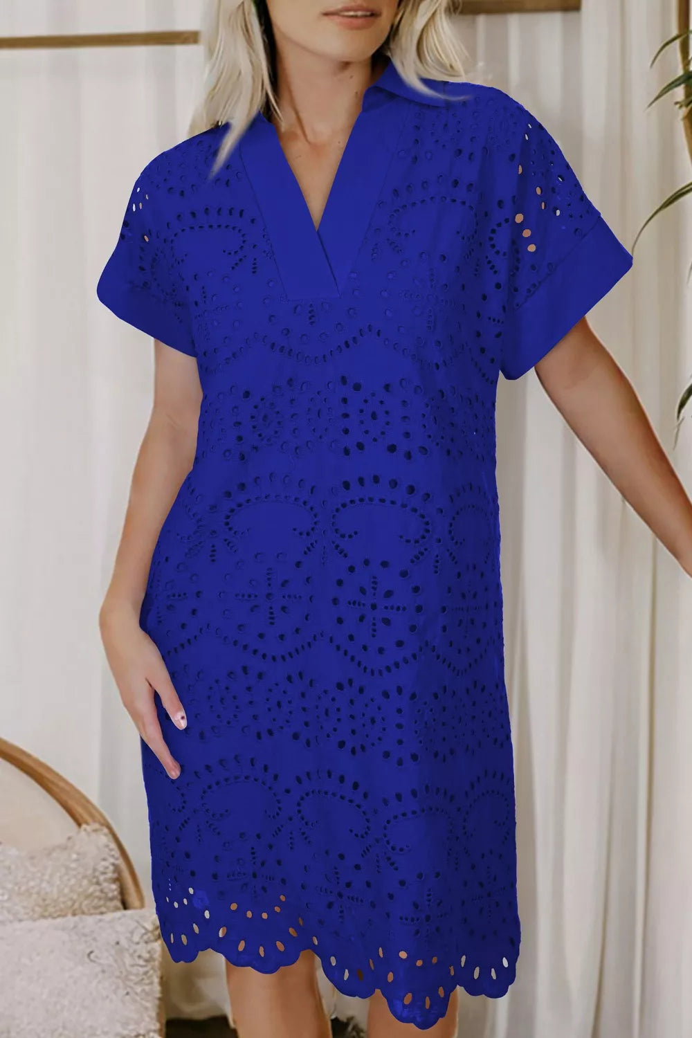 Solid Color Eyelet Embroidered T-Shirt Mini Dress in Royal Blue for Women