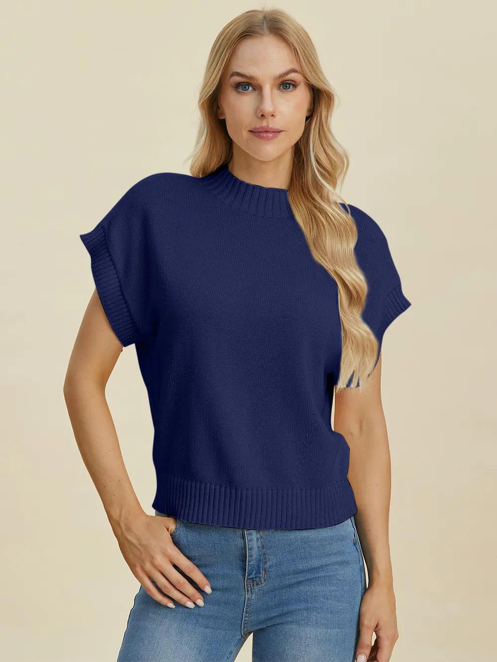 Plus Size Mock Neck Short Sleeve Sweater in Black for Women