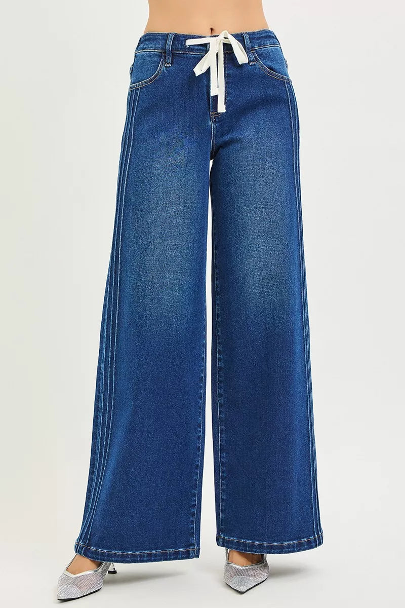 Mid Rise Wide Side Pintuck Jeans with Front Drawstring Plus Size in Dark for Women