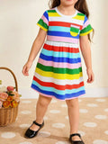 Striped Casual Short Sleeve Dress in Multicolor for Girls
