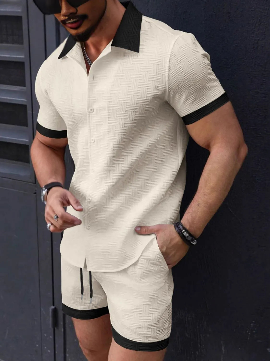 Button Up Short Sleeve Shirt and Shorts Set in White for Men