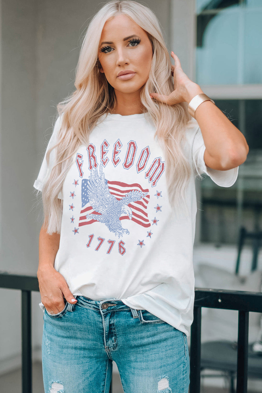 Freedom 1776 Graphic Tee in White for Women
