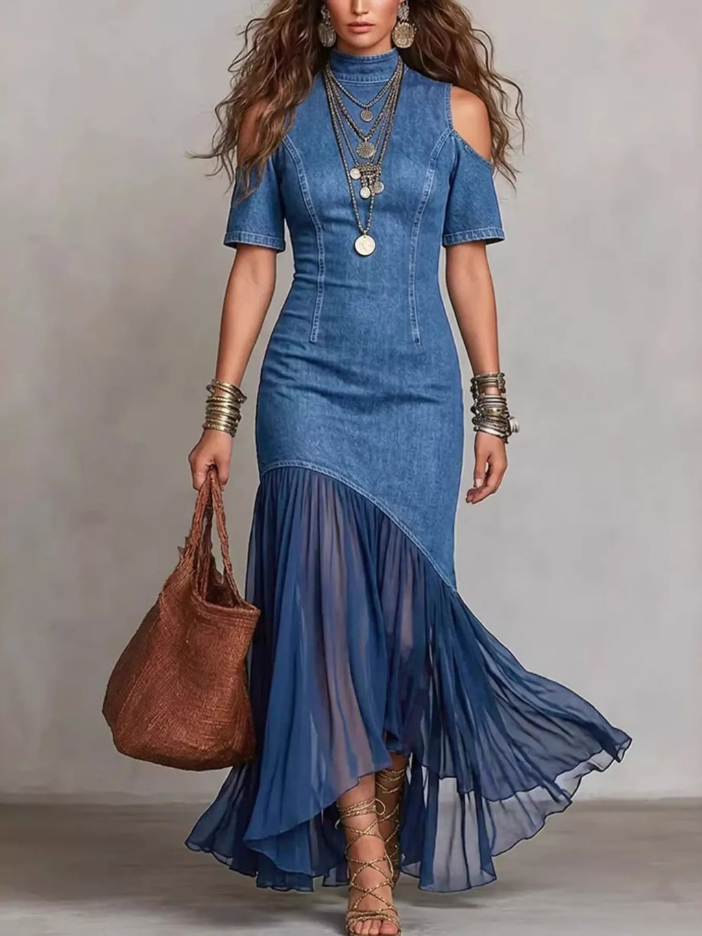 Mock Neck Cold Shoulder Ruffle Hem Maxi Dress in Dark Blue for Women