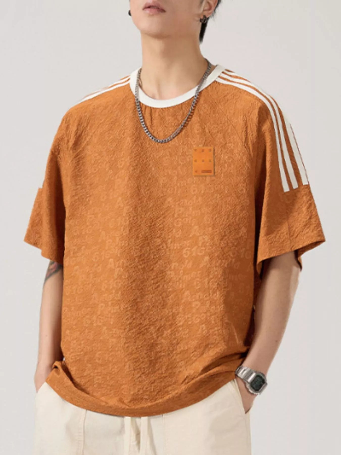 Striped Shoulder Relaxed Fit T-Shirt Plus Size in Deep Khaki for Men
