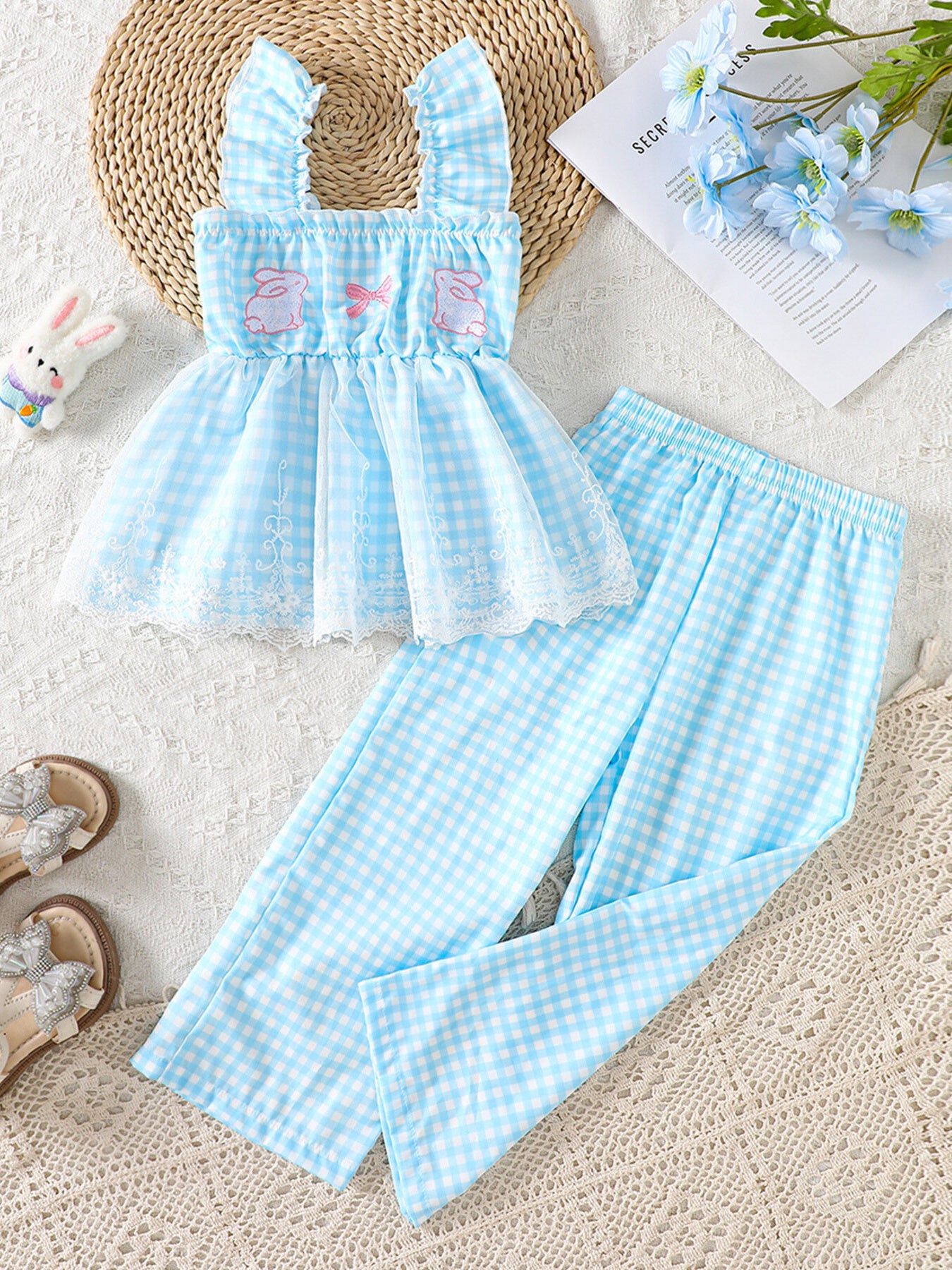 Bunny Gingham Top and Pants Set in Light Blue for Girls