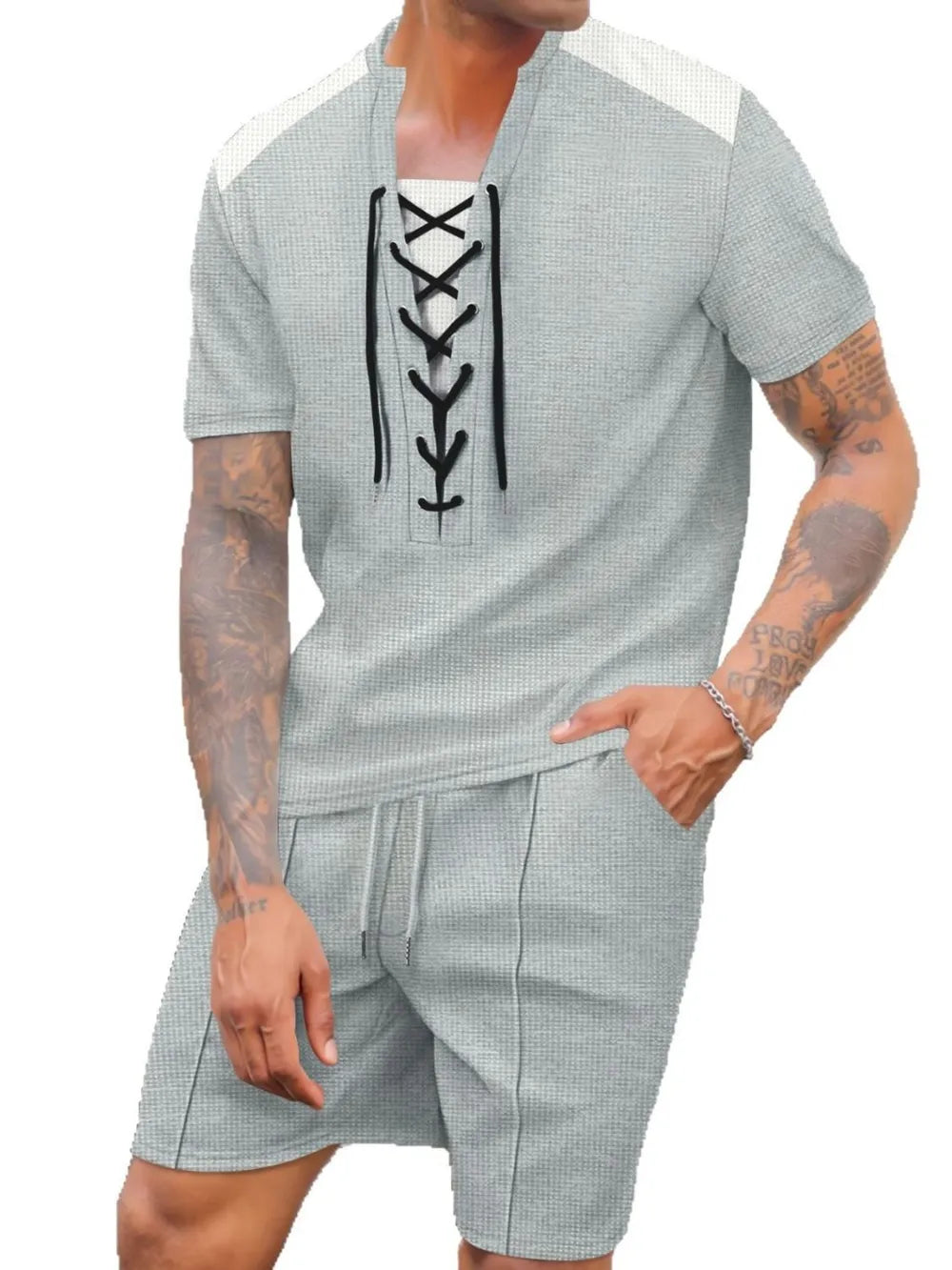 Lace-Up Waffle Knit Top and Shorts Set Plus Size in Burgundy for Men