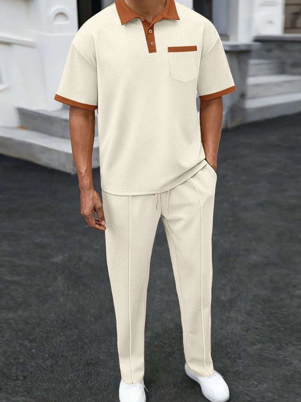Waffle-Knit Contrast Polo and Pants Set Plus Size in Beige for Men