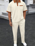 Waffle-Knit Contrast Polo and Pants Set Plus Size in Beige for Men