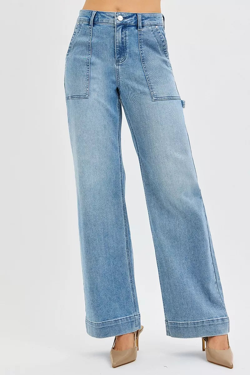High Rise Straight Leg Jeans with Front Pockets Plus Size in Medium for Women