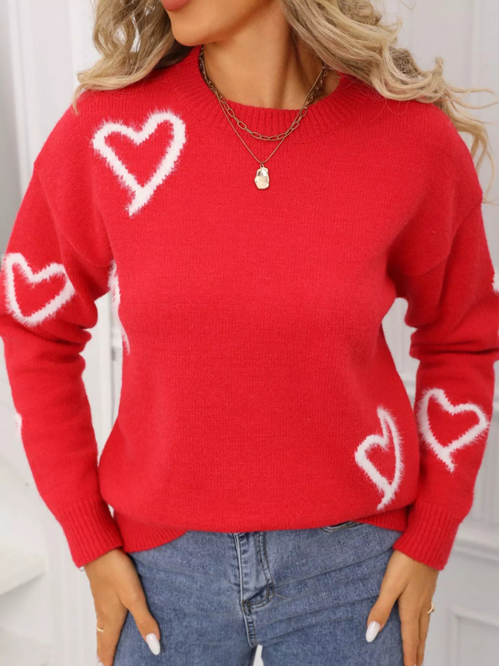 Valentines Day Heart Print Crew Neck Sweater in Red for Women