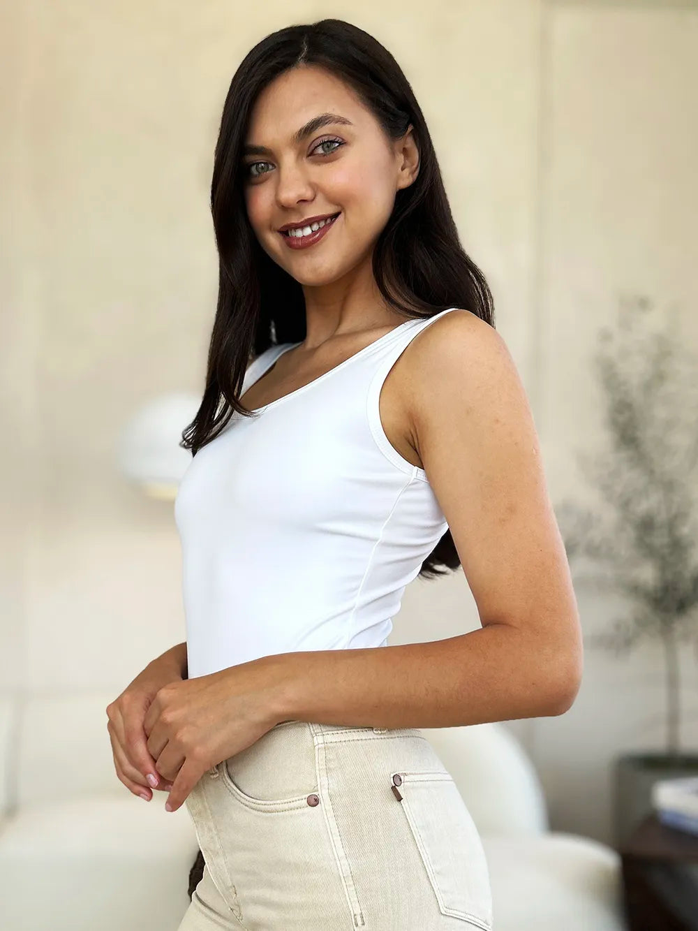 Plus Size Square Neck Sleeveless Bodysuit in White for Women