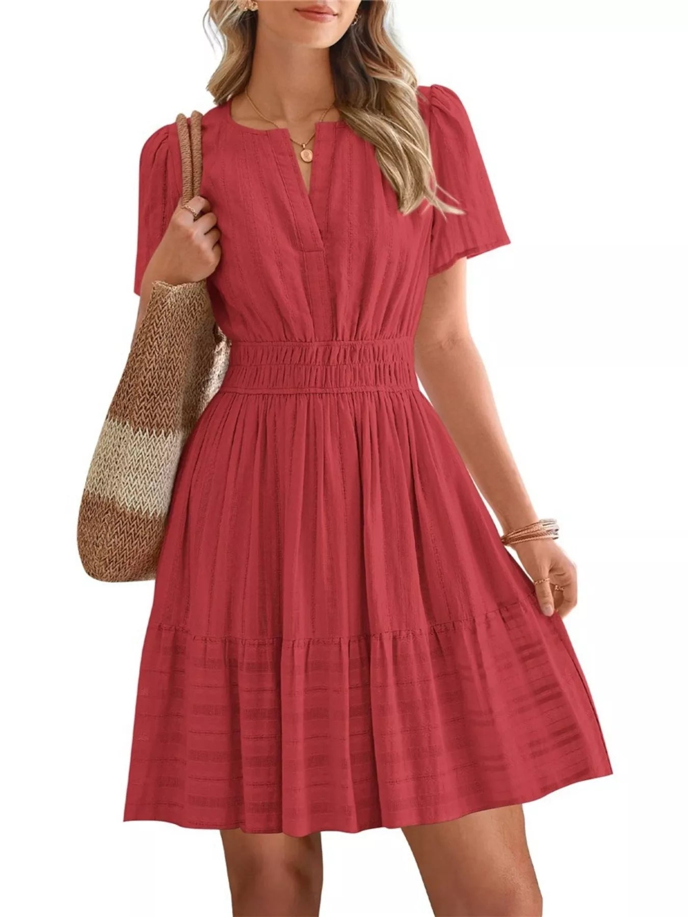 Short Sleeve Smocked Waist Tiered Dress in Black for Women