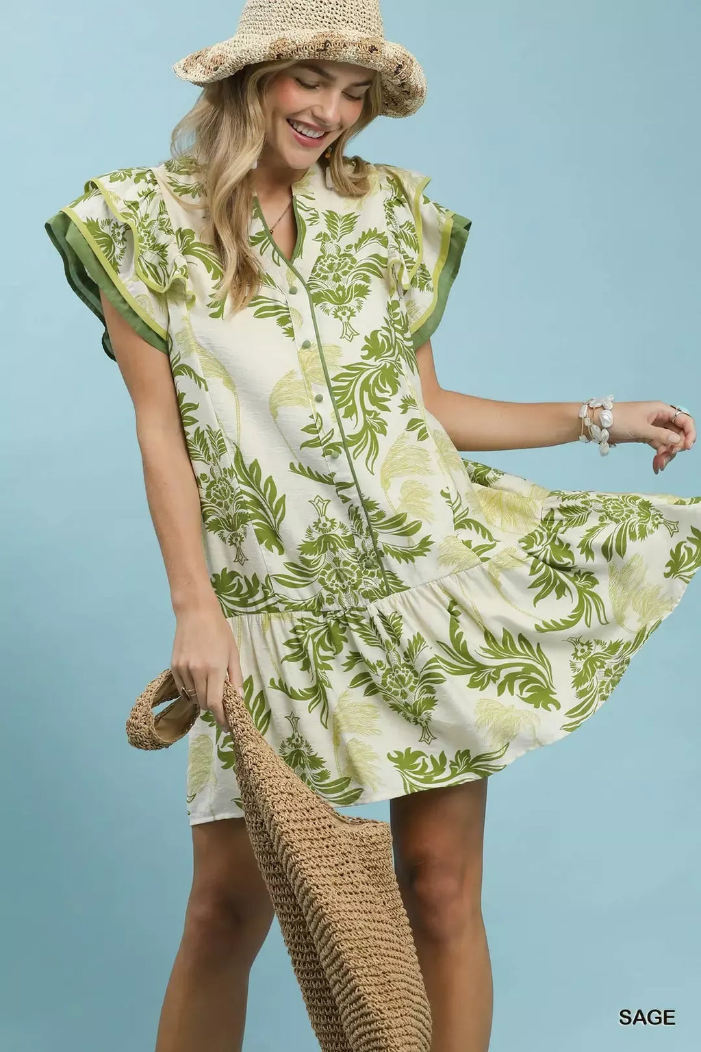 Toile Print Button-Front Placket Mini Dress with Dropped Ruffle Hem in Sage for Women