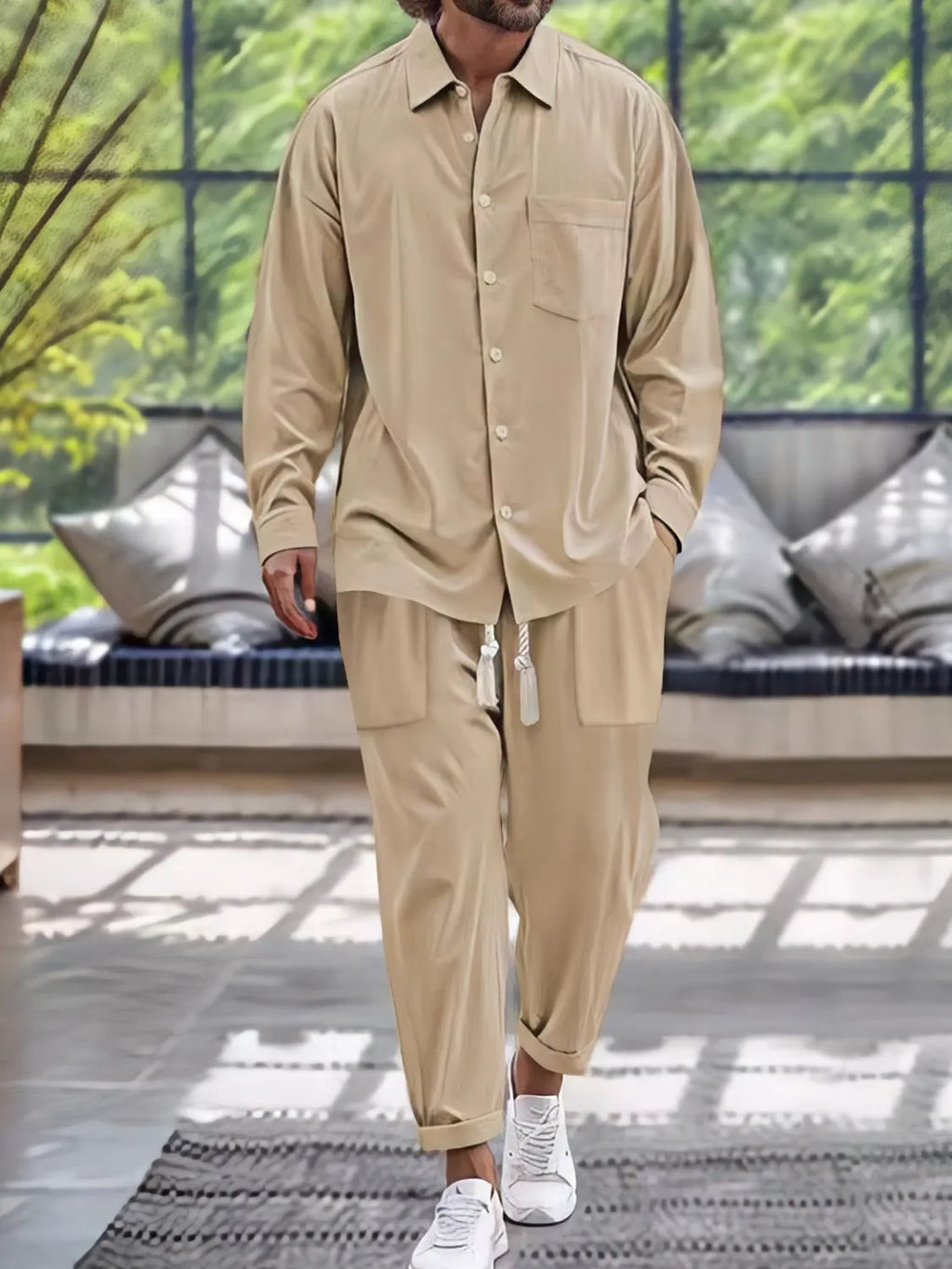 Button Down Long Sleeve Shirt and Pants Set in Light Blue in Navy for Men