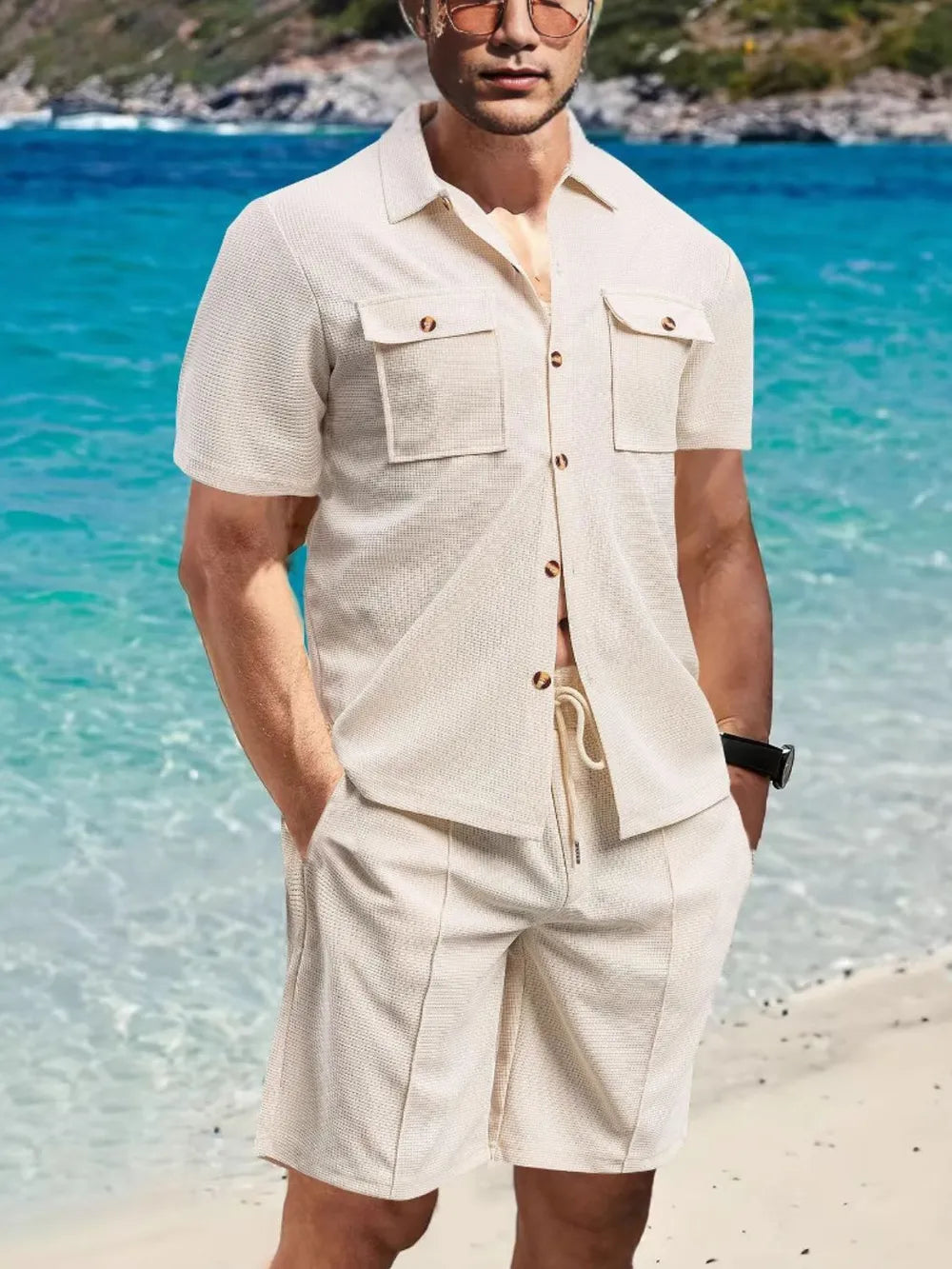 Button Down Short Sleeve Top and Shorts Set Plus Size in Deep Teal for Men