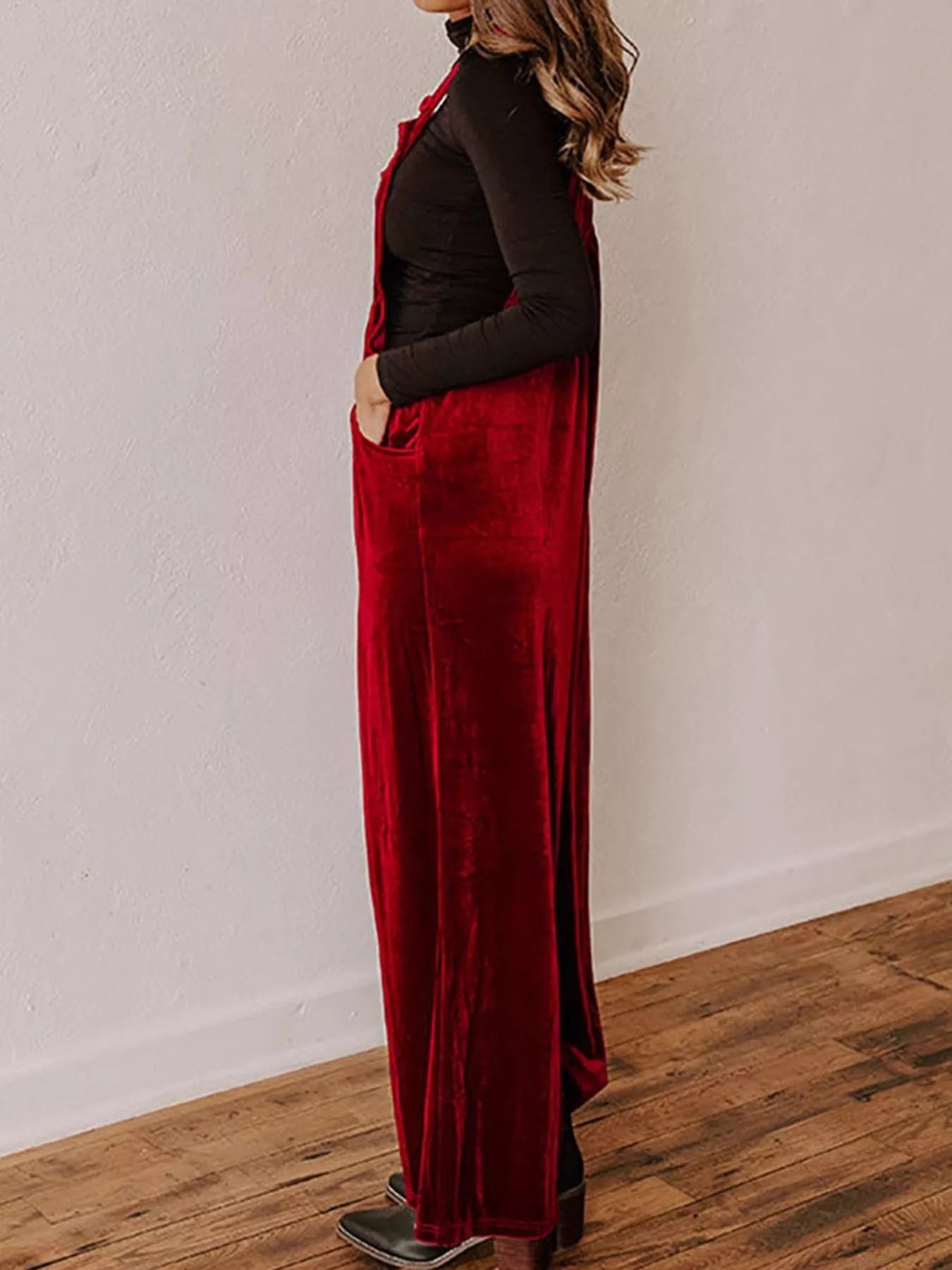 Velvet Wide Leg Overalls in Burgundy for Women