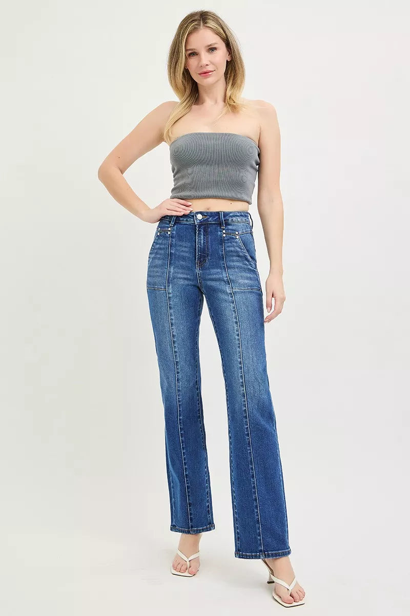 High Rise Straight Patch Pocket Seamed Jeans in Dark for Women