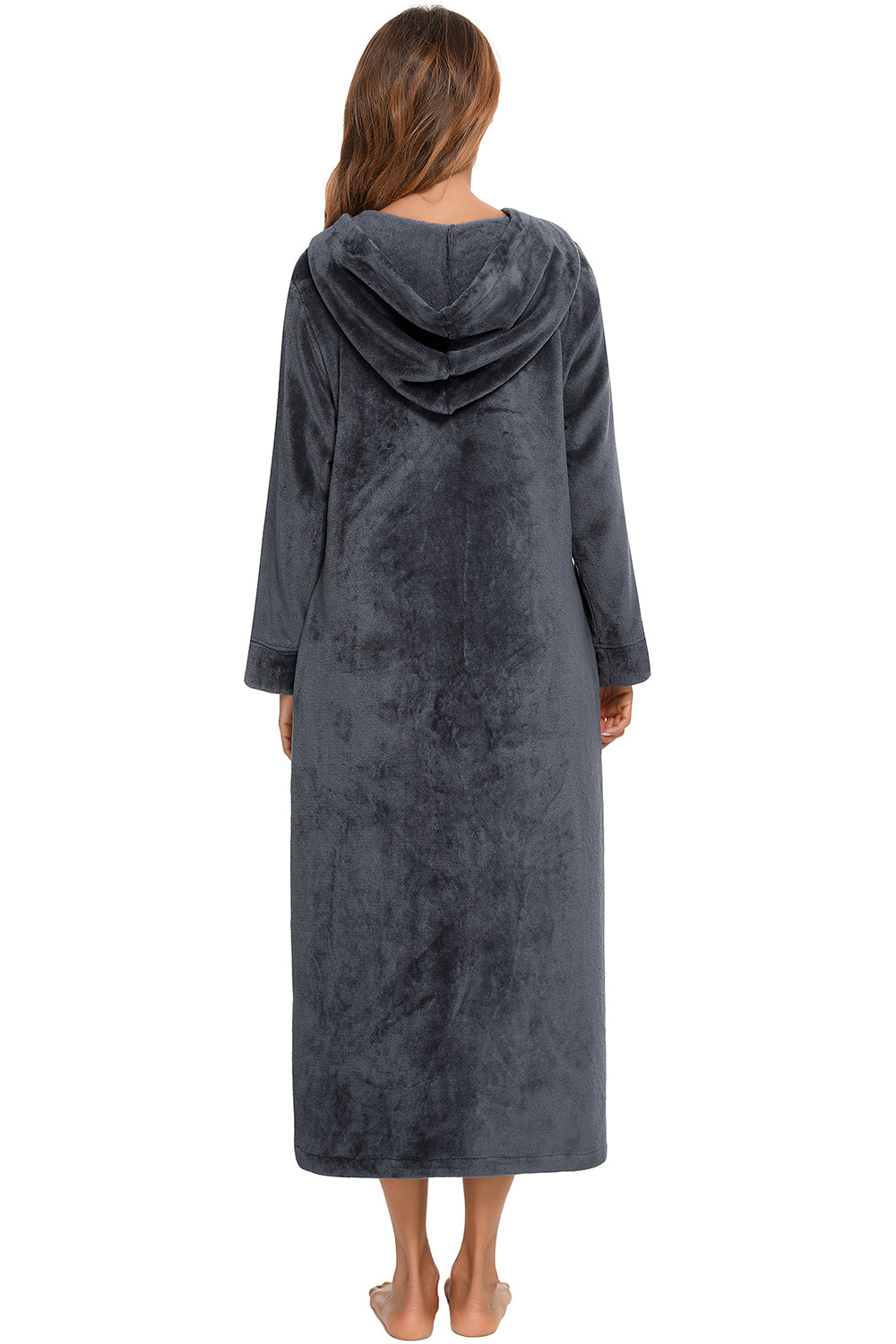Zip Front Hooded Night Dress with Pockets in Black in Charcoal for Women