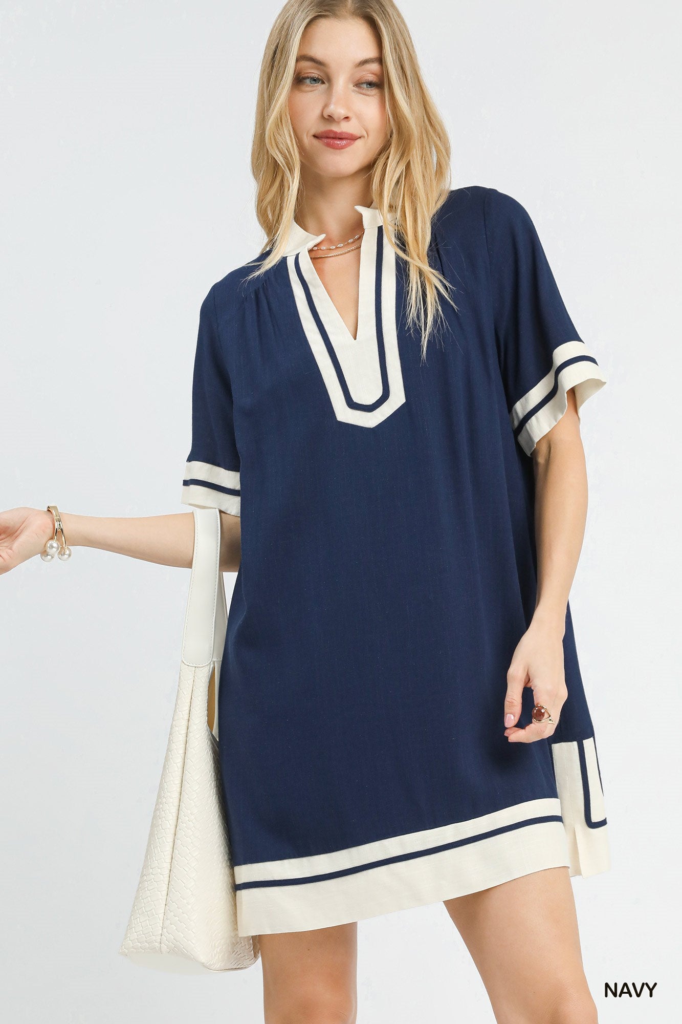 Linen Rayon Mini Dress in Navy for Women