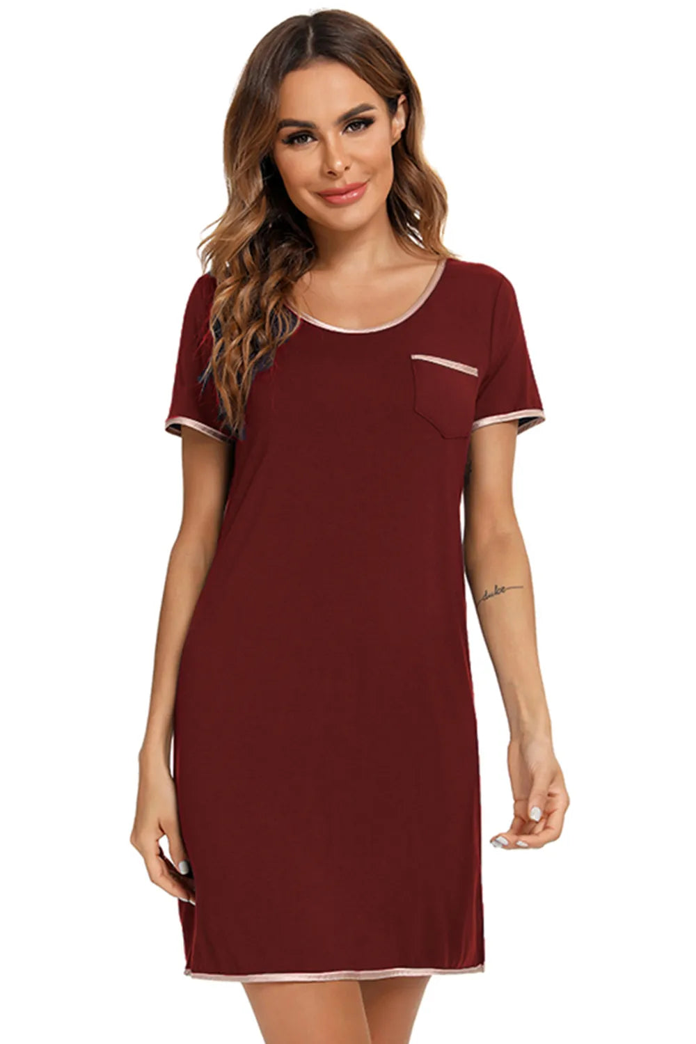 Contrast Trim Pocketed Round Neck Lounge Dress in Burgundy for Women